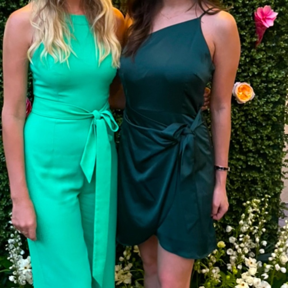 Gianni Bini emerald One Shoulder Spaghetti Strap Tie Waist Mini Wrap Dress